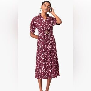 Maroon Leaf Buckled A-Line Dress Elegant Maroon Floral Dress